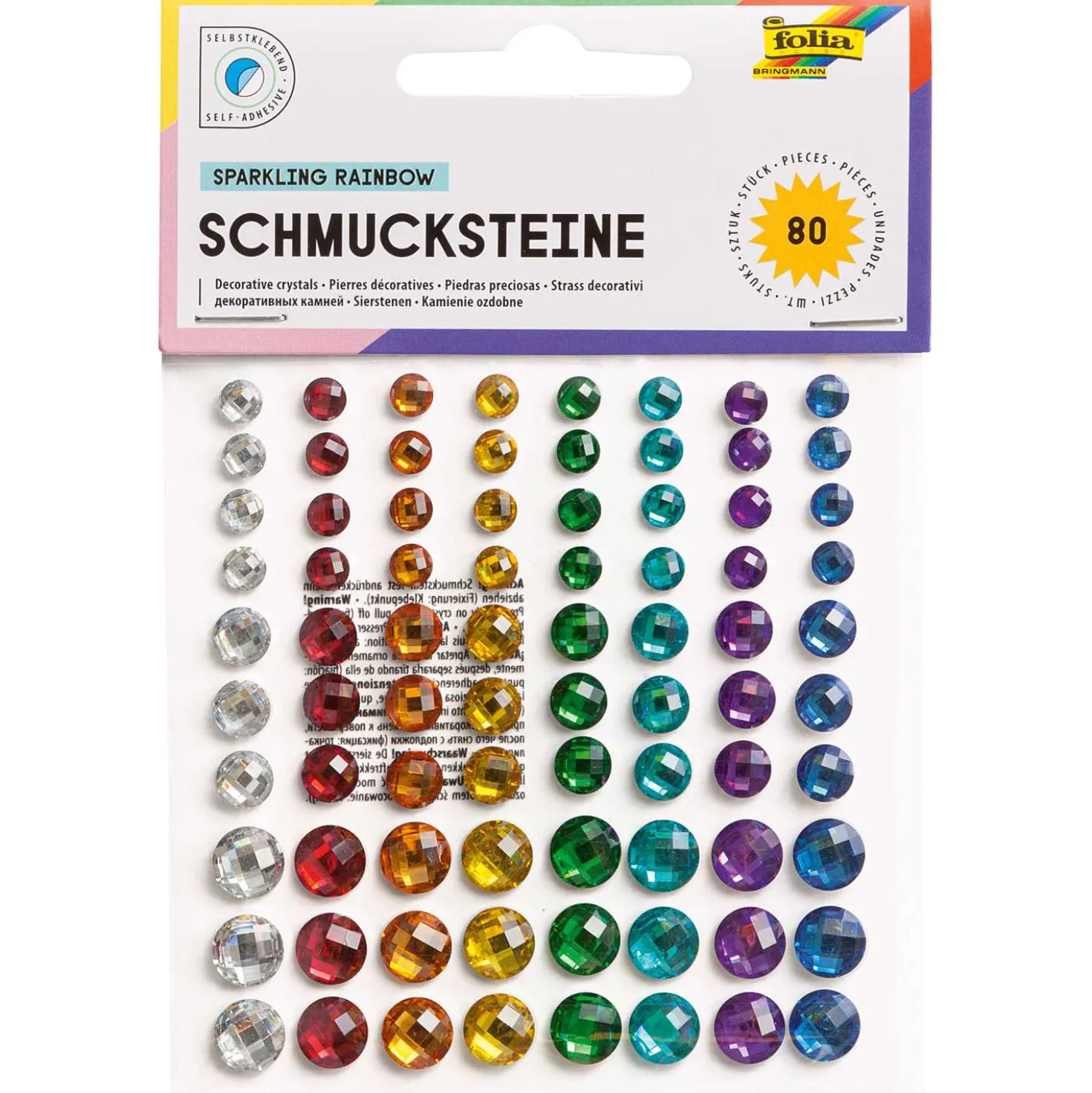 Folia Schmucksteine bunt selbstklebend, 80 Stück