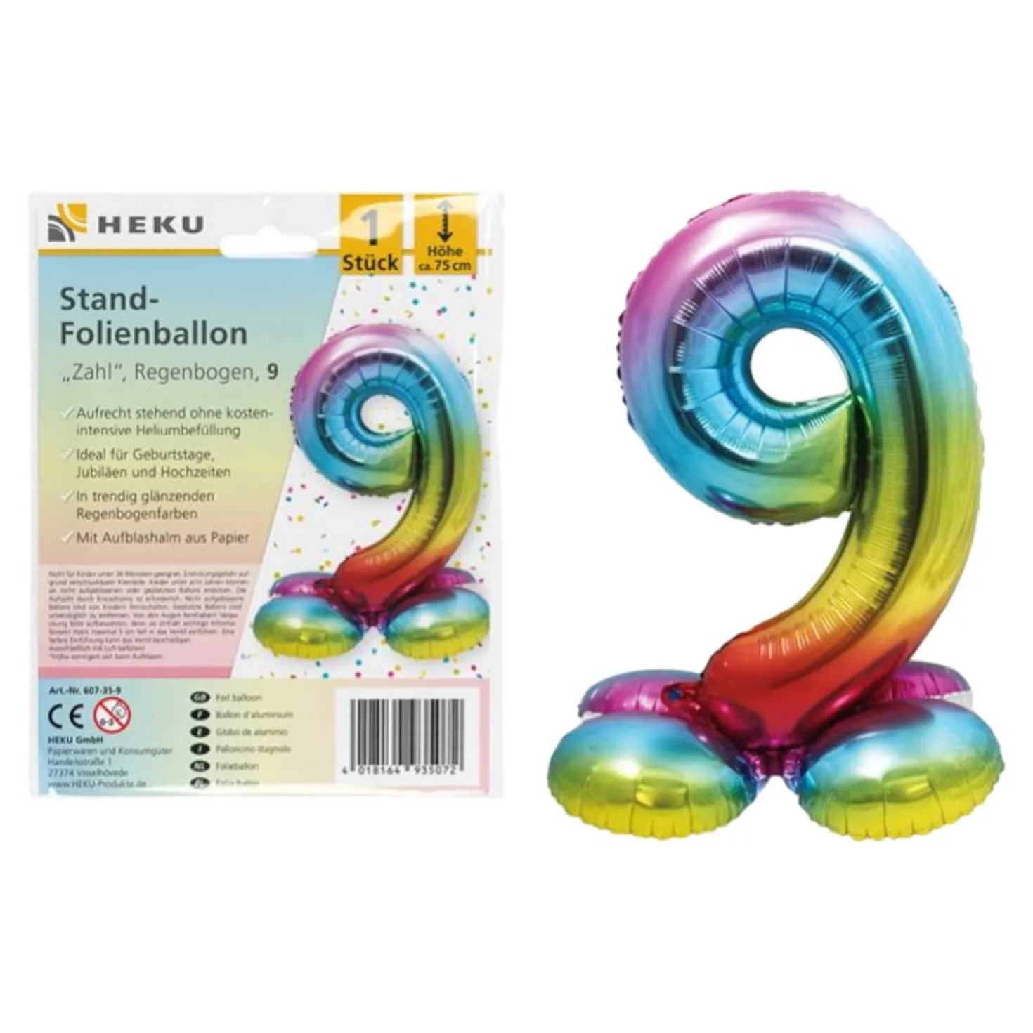 Folienballon Zahl 9 Jahre Regenbogen