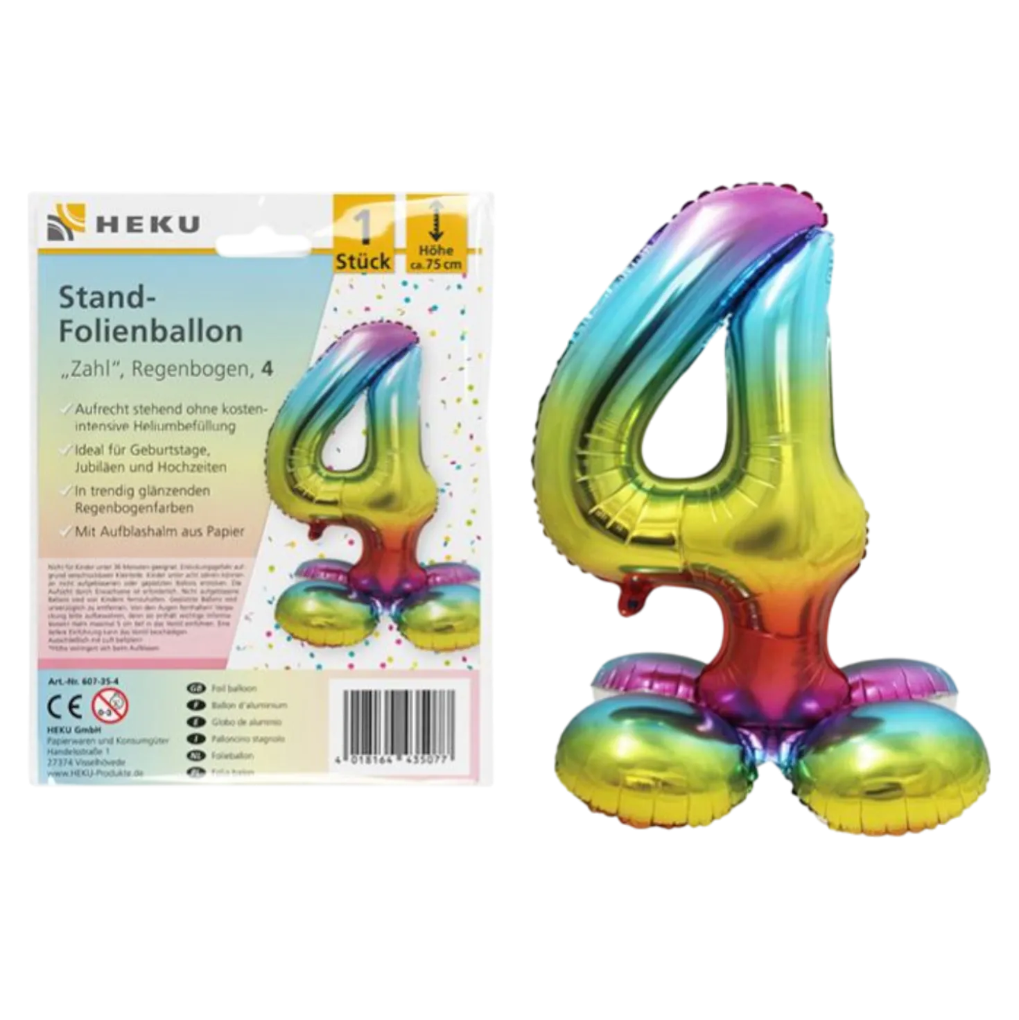 Folienballon Zahl 4 Jahre Regenbogen
