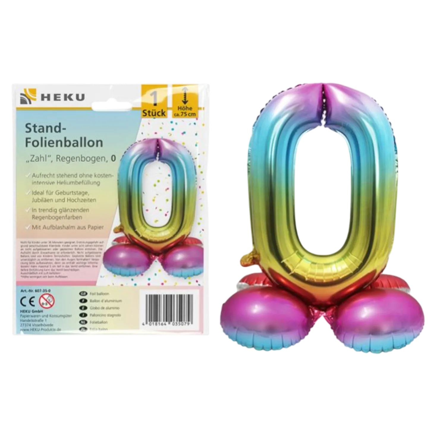 Folienballon Zahl 0 Jahre Regenbogen