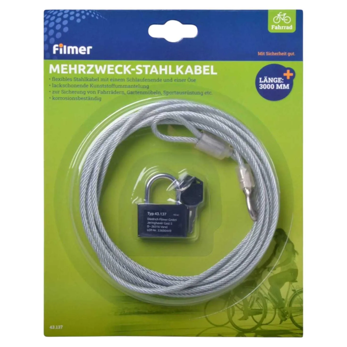 Stahlkabel mit Vorhängeschloss 3 m